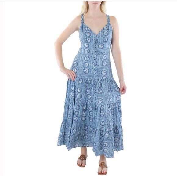 Lauren Ralph Lauren Linen Lined Blue Sand Dollar Coastal Button-down Maxi Dress - Picture 1 of 11